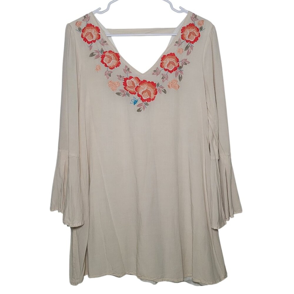 Altar'd State Dress Tunic Embroidered Ivory Floral V-Neck Bell Sleeve M Boho